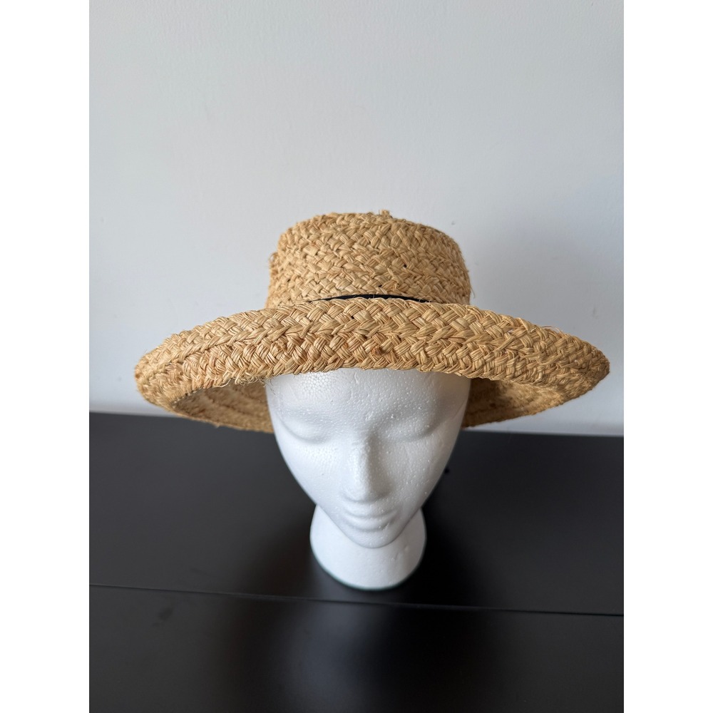 S.F. Green San Francisco Woven Straw Boater Hat Black Ribbon Bow Natural Tan
